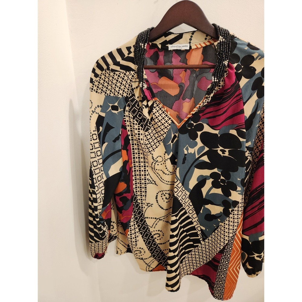 Cha Cha Vente Womens XL Beaded Neck Patchwork Print Blouse Multi Color LS